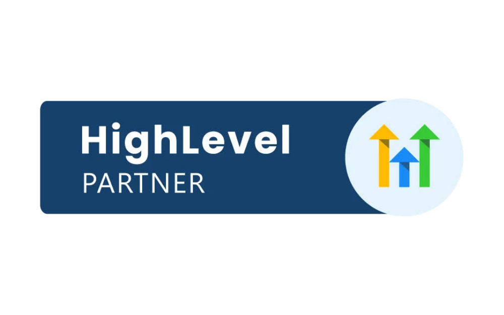 HighLevel Partner badge on dark blue background with a circular logo featuring upward arrows.