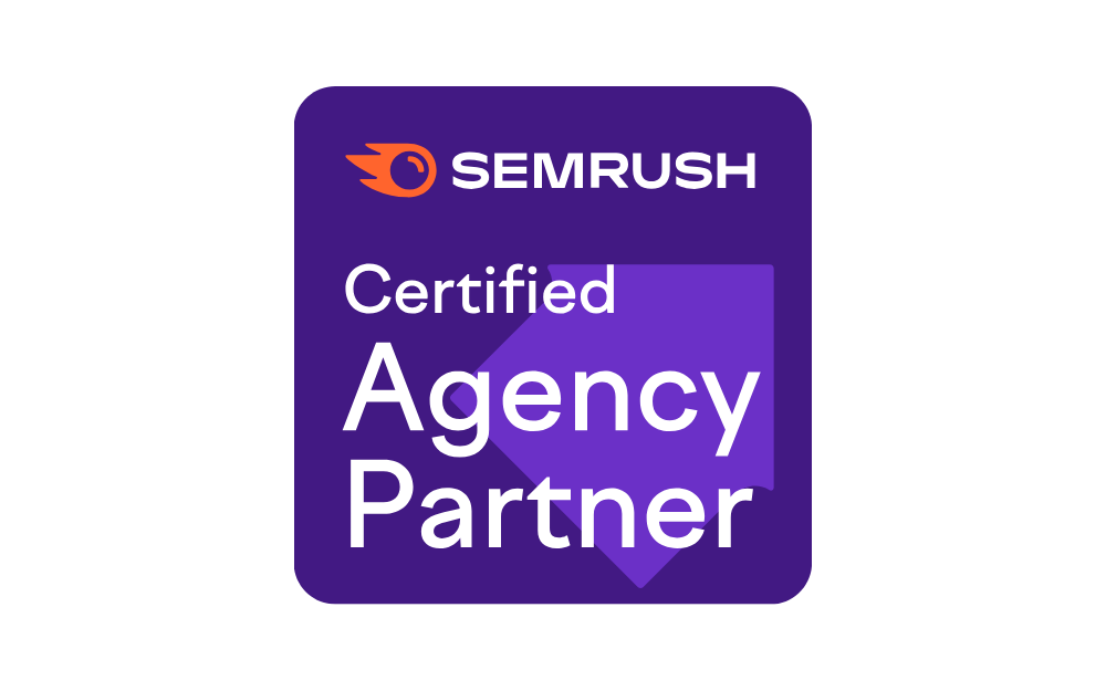 Purple rounded badge featuring the SEMRUSH logo and the words 'Certified Agency Partner' on a purple background