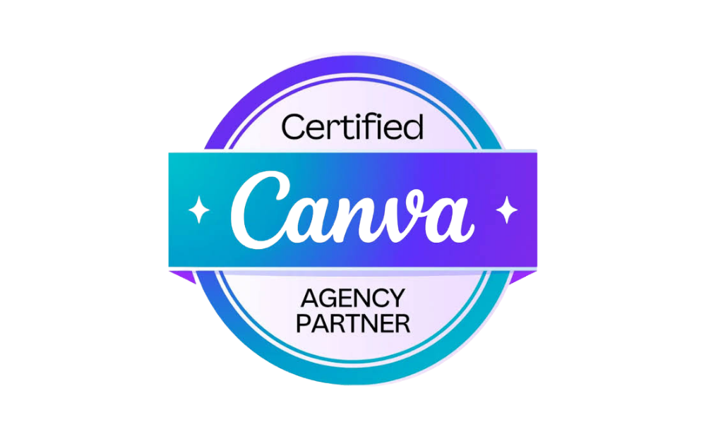 Circular badge reading 'Certified Canva Agency Partner' with a blue-to-purple gradient and a teal ribbon across the center.