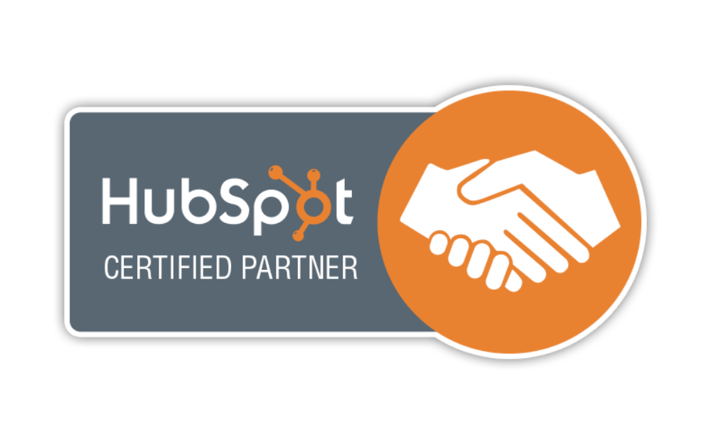 HubSpot Certified Partner badge with a white handshake icon on an orange circle overlapping a gray rounded rectangle background.