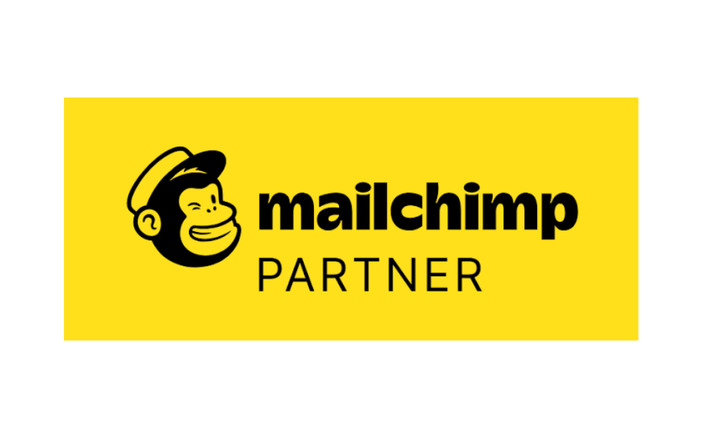 Mailchimp Partner logo on a bright yellow background with the chimp mascot and bold text