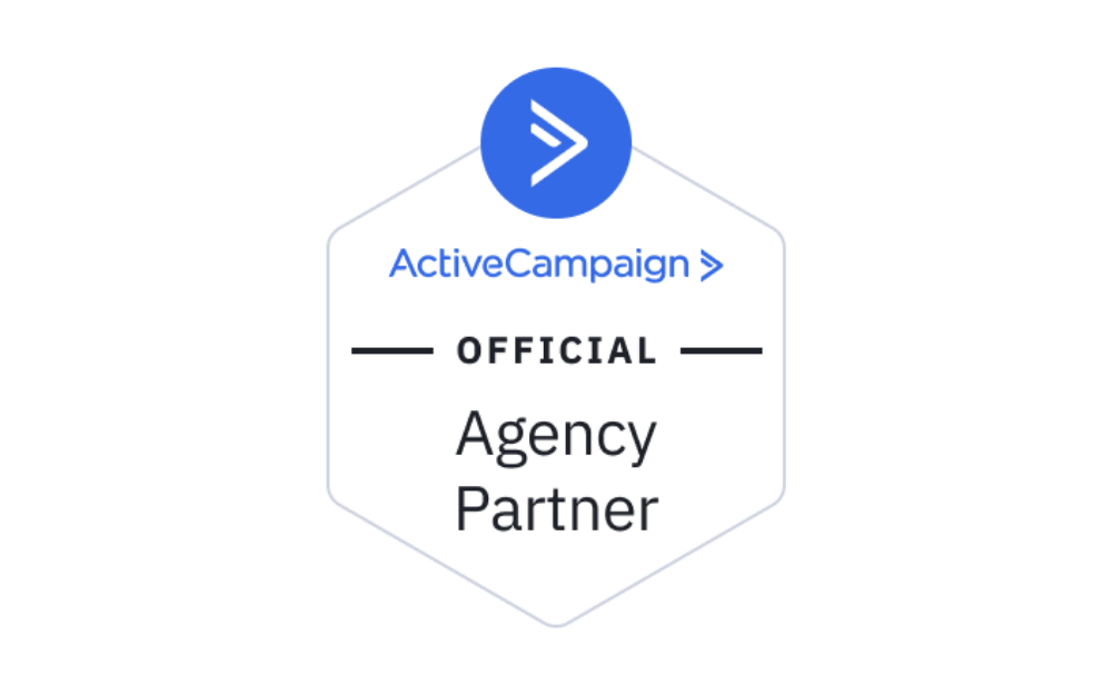 Official ActiveCampaign Agency Partner badge with blue logo and hexagonal white badge