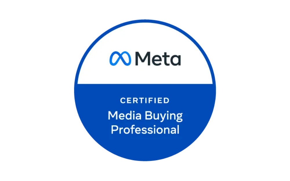 Meta Certified Media Buying Professional badge: circular blue and white certification badge with Meta logo and text