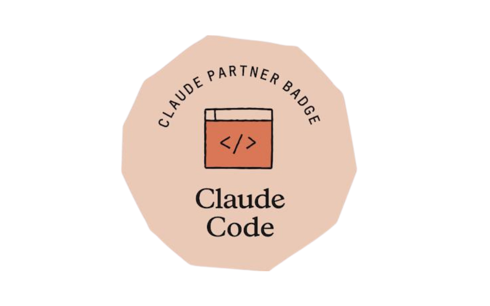 Badge for Claude Code partner, peach circular badge with code window icon and 'Claude Code' text around it