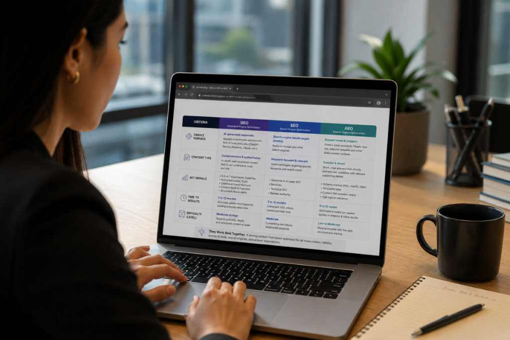 Above H2_ GEO vs SEO vs AEO_ Side-by-Side Comparison | UNTMD | Award-Winning Digital Marketing Agency in Australia GEO vs SEO vs AEO: side-by-side comparison table of the three search optimisation disciplines