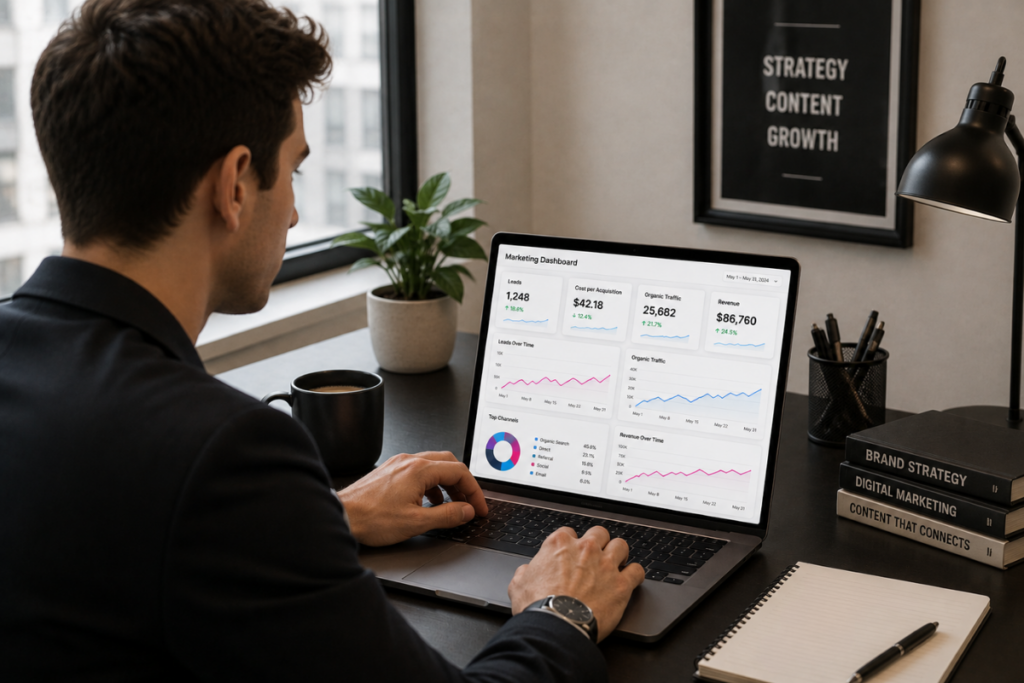 Above H2_ Questions To Ask About Reporting and Results | UNTMD | Award-Winning Digital Marketing Agency in Australia Man in a dark blazer uses a laptop showing a marketing dashboard with charts and numbers.